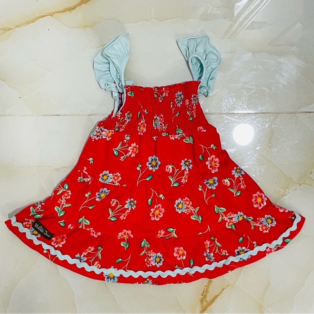 Matilda Jane Little Ruby Dress Red Floral Dress with Ruffle Sleeves Girl 6-12 M
